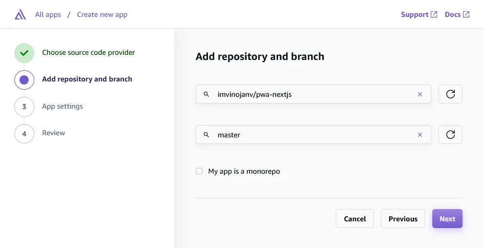 Select your repository and branch